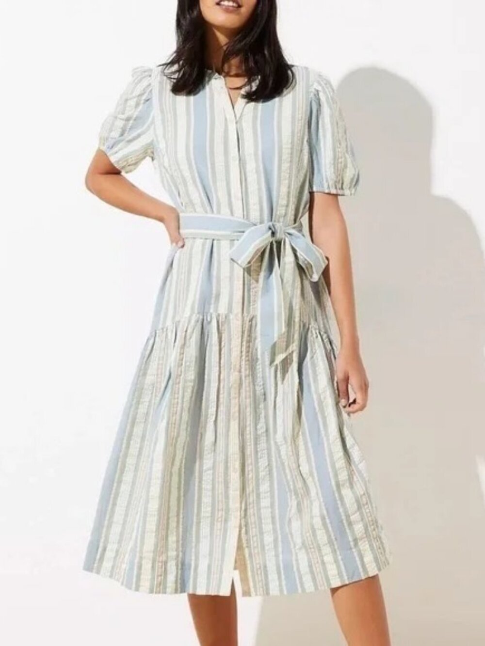 Loft Beach Cotton Drop Waist Striped Midi Dress Puff Poof Sleeve Coastal Preppy
